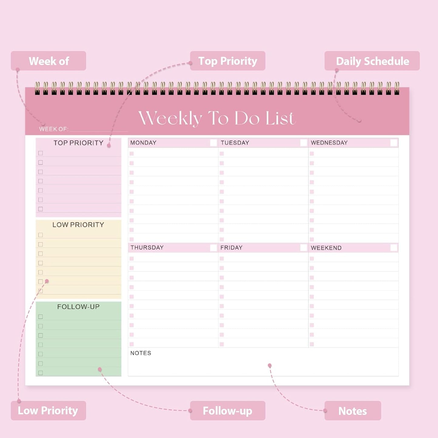 Elevate Your Organization with Our Stylish Weekly To Do List Notepad - 52 Undated Sheets (8.5'' x 11'') for Home, School, and Work in Elegant Pink