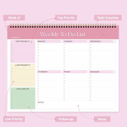 Elevate Your Organization with Our Stylish Weekly To Do List Notepad - 52 Undated Sheets (8.5'' x 11'') for Home, School, and Work in Elegant Pink