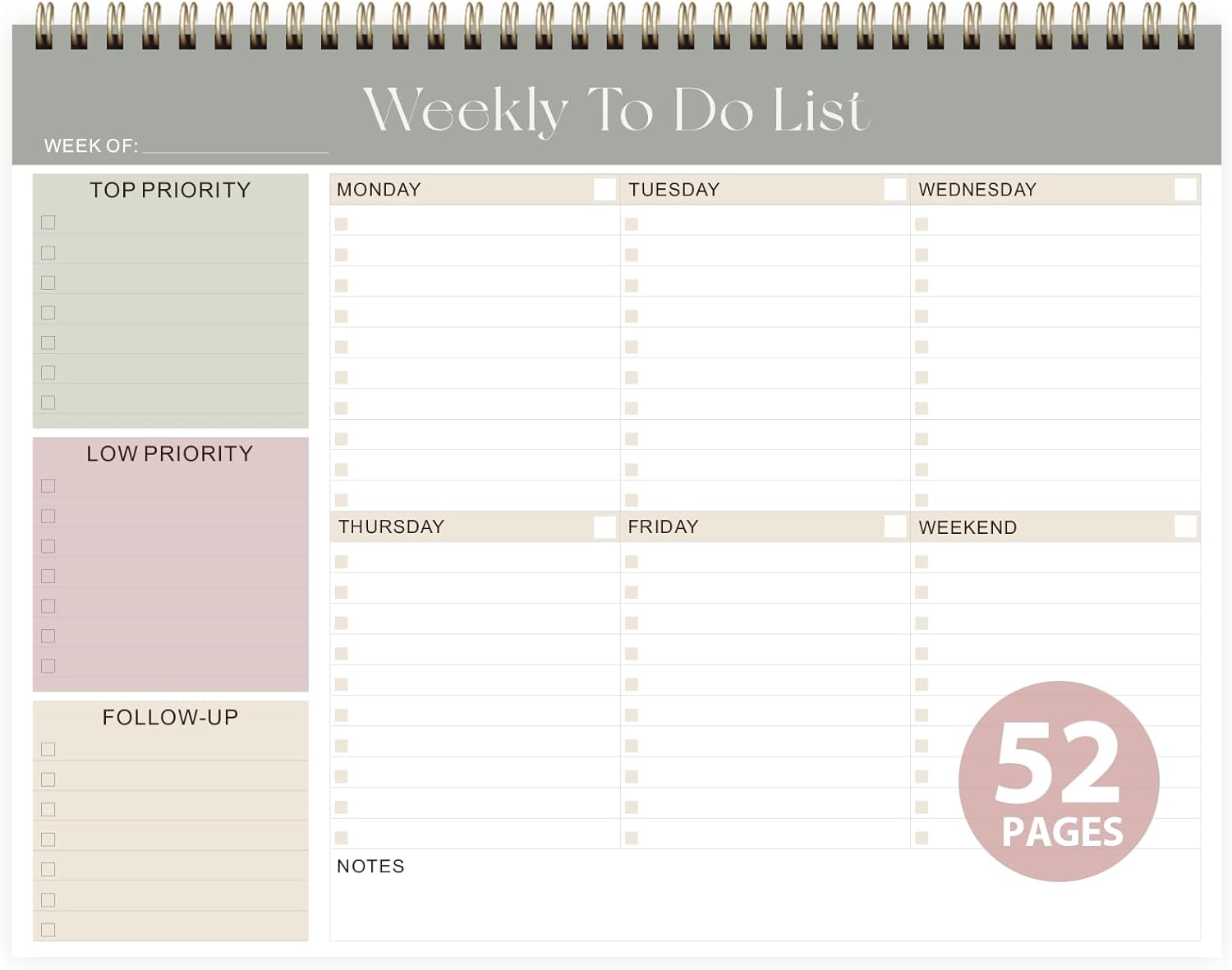 Elevate Your Organization with Our Stylish Weekly To Do List Notepad - 52 Undated Sheets (8.5'' x 11'') for Home, School, and Work in Elegant Pink