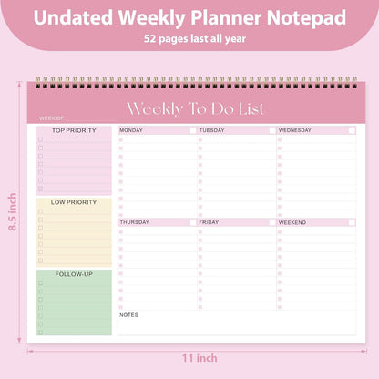 Elevate Your Organization with Our Stylish Weekly To Do List Notepad - 52 Undated Sheets (8.5'' x 11'') for Home, School, and Work in Elegant Pink
