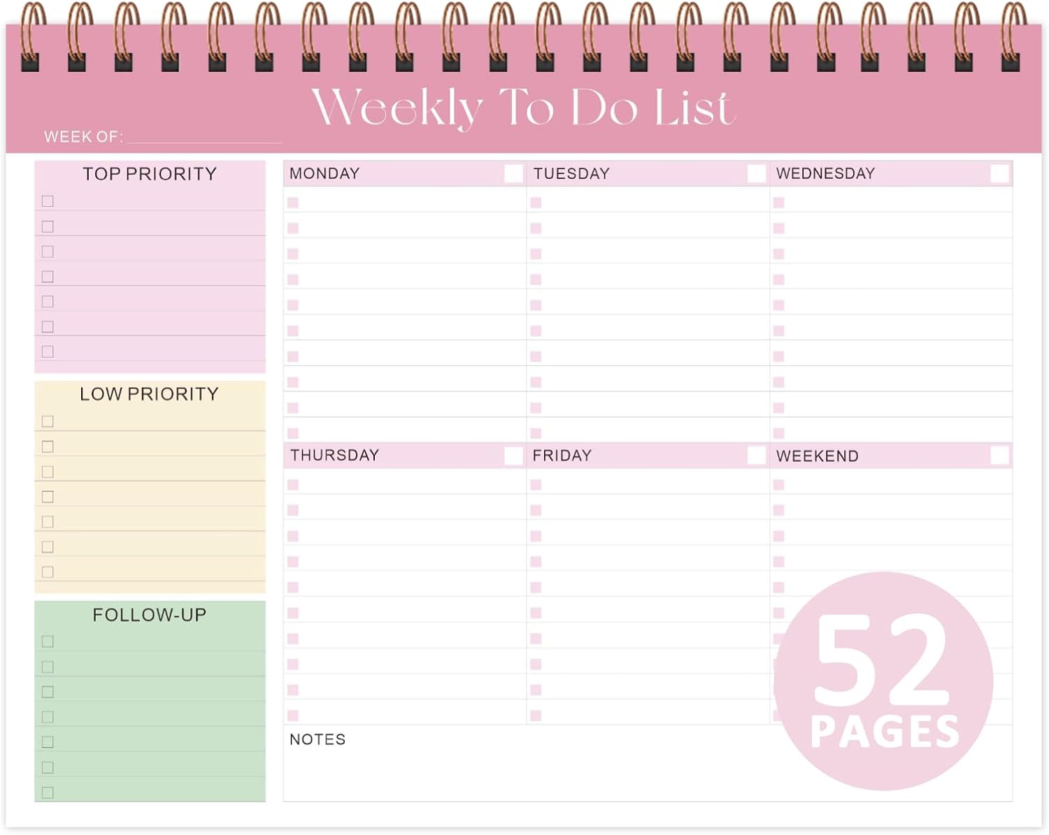 Elevate Your Organization with Our Stylish Weekly To Do List Notepad - 52 Undated Sheets (8.5'' x 11'') for Home, School, and Work in Elegant Pink