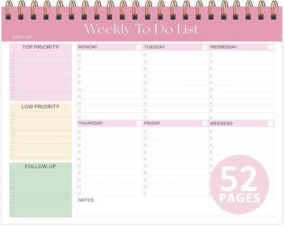 Elevate Your Organization with Our Stylish Weekly To Do List Notepad - 52 Undated Sheets (8.5'' x 11'') for Home, School, and Work in Elegant Pink