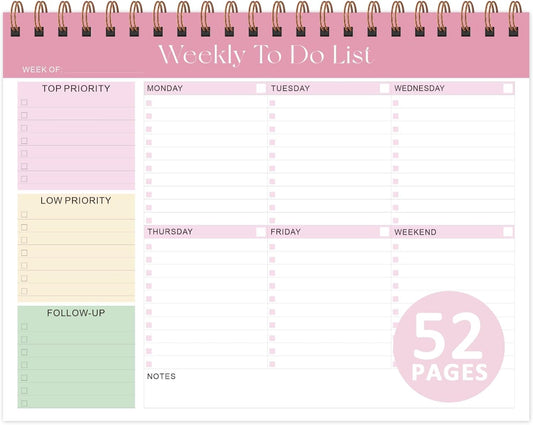 Elevate Your Organization with Our Stylish Weekly To Do List Notepad - 52 Undated Sheets (8.5'' x 11'') for Home, School, and Work in Elegant Pink