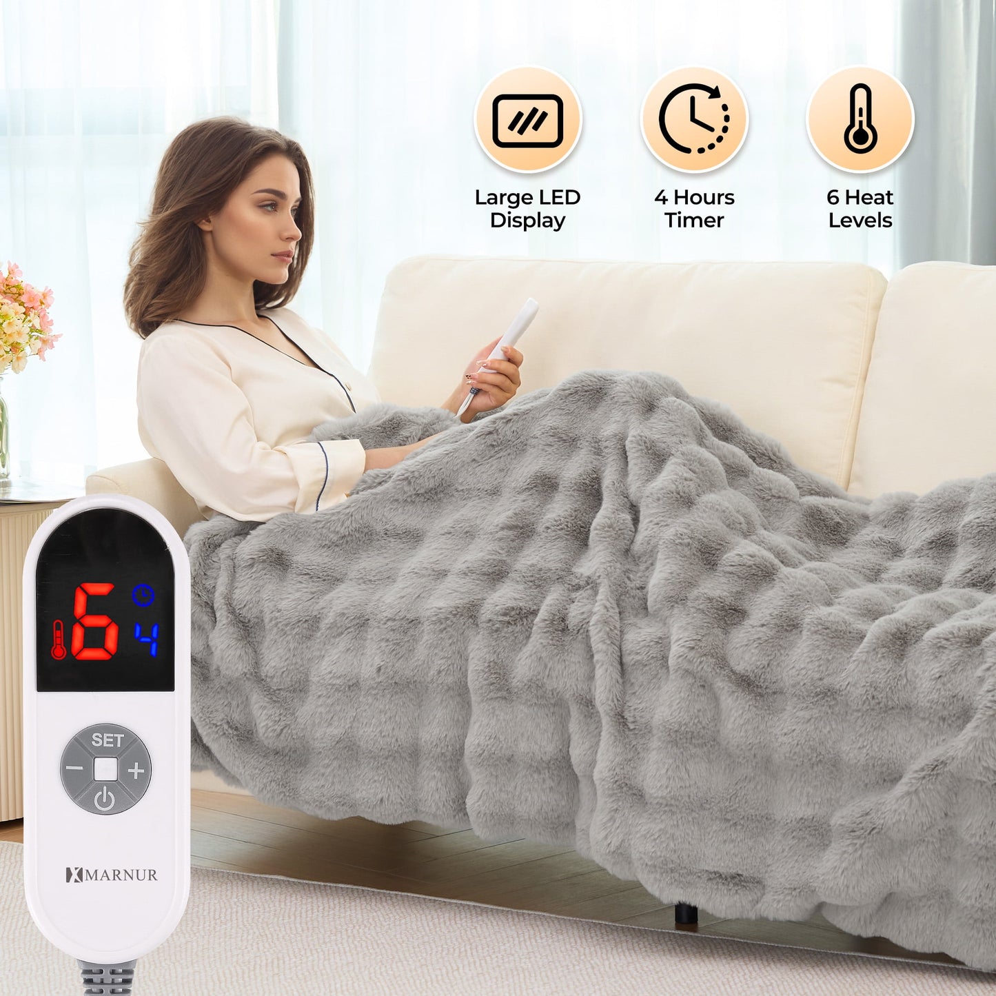 Indulge in Comfort with the MARNUR Electric Heated Throw Blanket - 50" x 60", Plush Faux Fur, 6 Adjustable Heat Levels & 4-Hour Timer in Elegant Gray