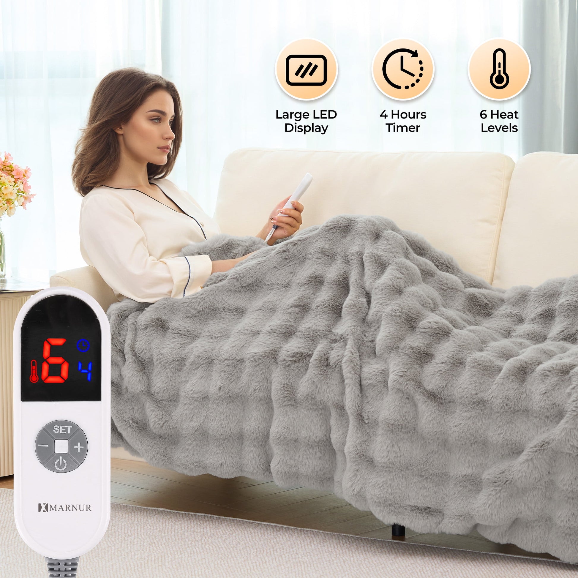 Indulge in Comfort with the MARNUR Electric Heated Throw Blanket - 50" x 60", Plush Faux Fur, 6 Adjustable Heat Levels & 4-Hour Timer in Elegant Gray