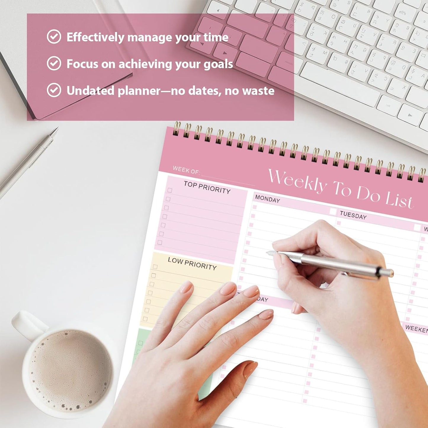 Elevate Your Organization with Our Stylish Weekly To Do List Notepad - 52 Undated Sheets (8.5'' x 11'') for Home, School, and Work in Elegant Pink