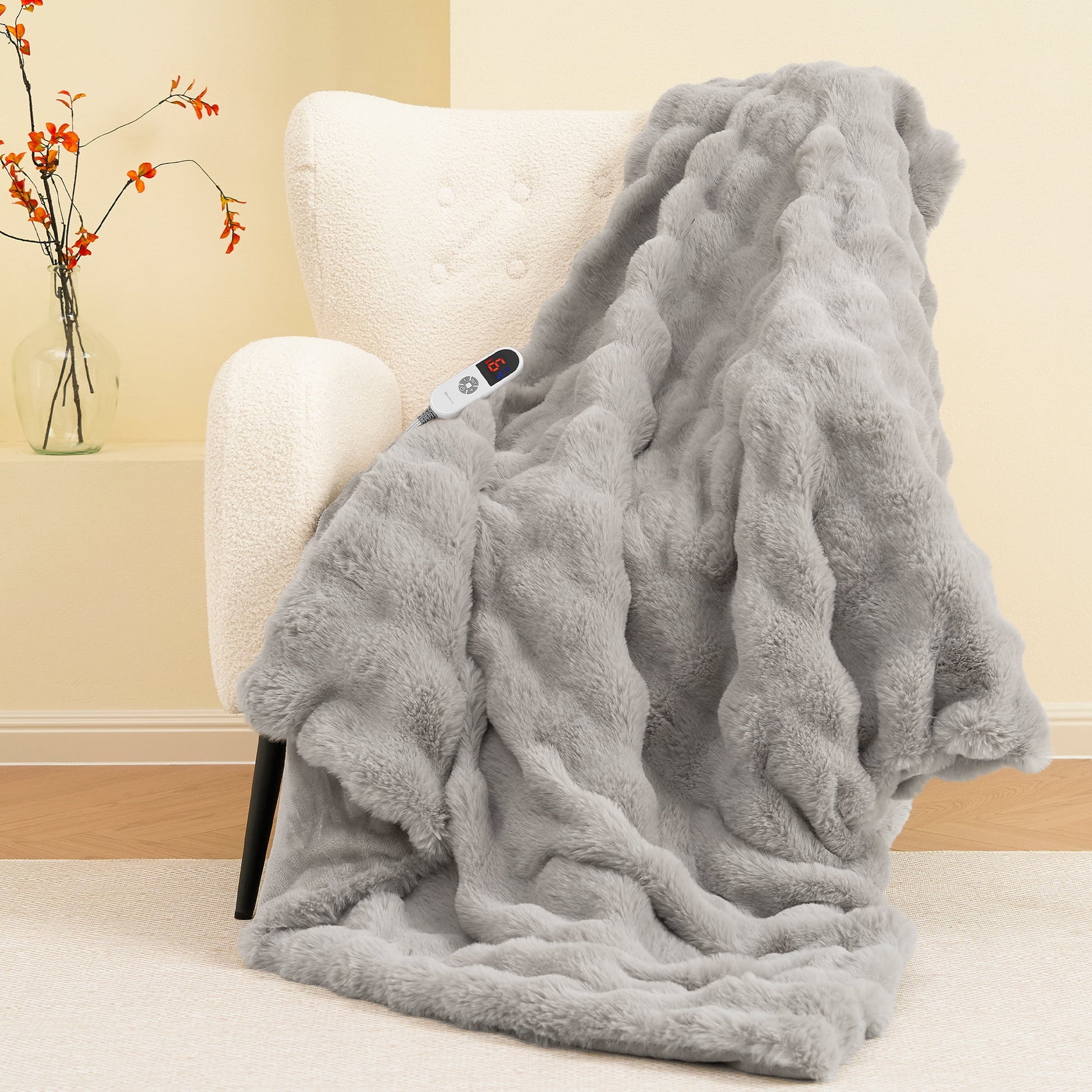 Indulge in Comfort with the MARNUR Electric Heated Throw Blanket - 50" x 60", Plush Faux Fur, 6 Adjustable Heat Levels & 4-Hour Timer in Elegant Gray